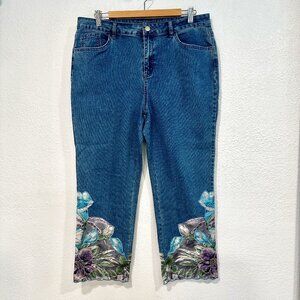 Soft Surroundings Crop Blue Jeans EUC Floral Beaded Hem Capris W34xL24 Womens 14